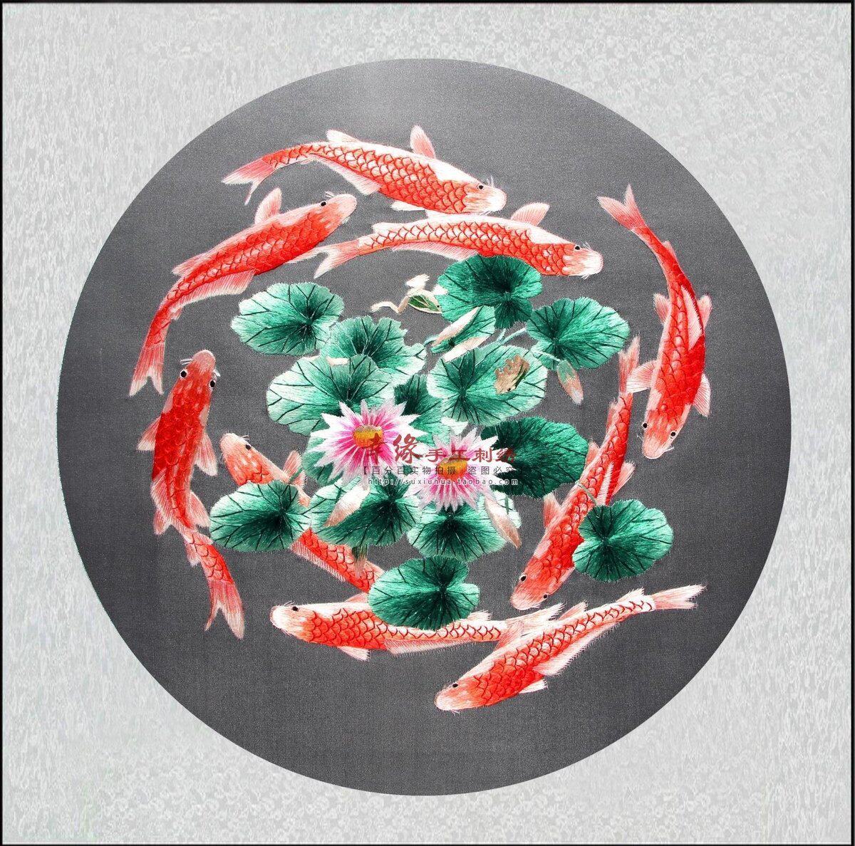 鲤鱼刺绣苏绣手工成品荷花客厅餐厅挂画玄关苏绣