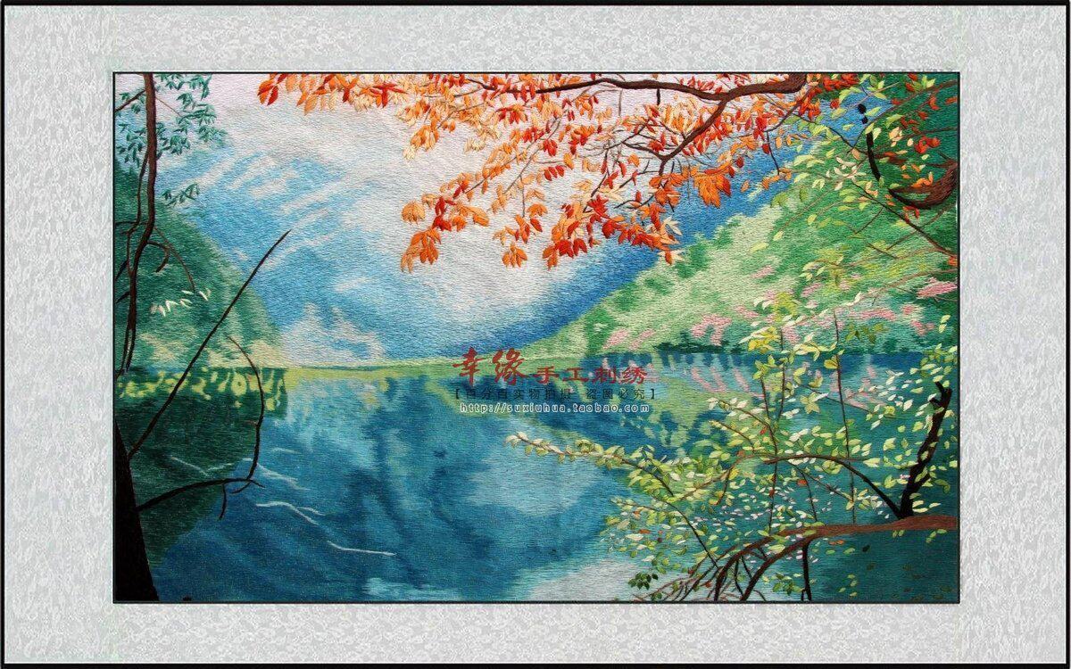 刺绣风景苏绣手工精品成品山水画香山红叶三峡晨景苏绣