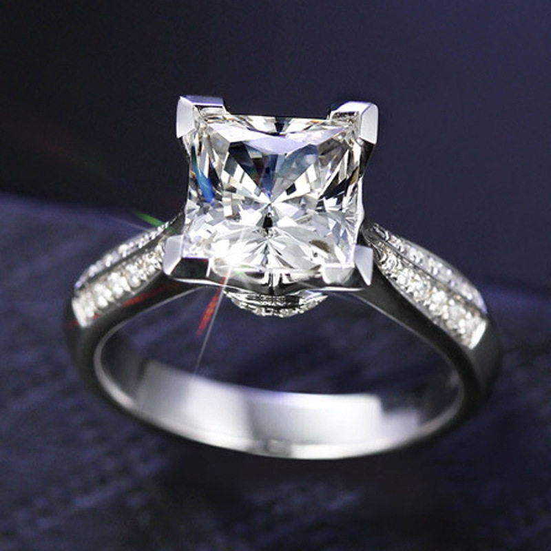 s925纯银白金镶嵌款张四爪2克拉超大仿真钻戒戒指