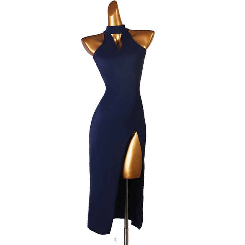 开叉裙摆拉丁舞连衣裙艺考练功服小高领伦巴恰恰拉丁舞演出服