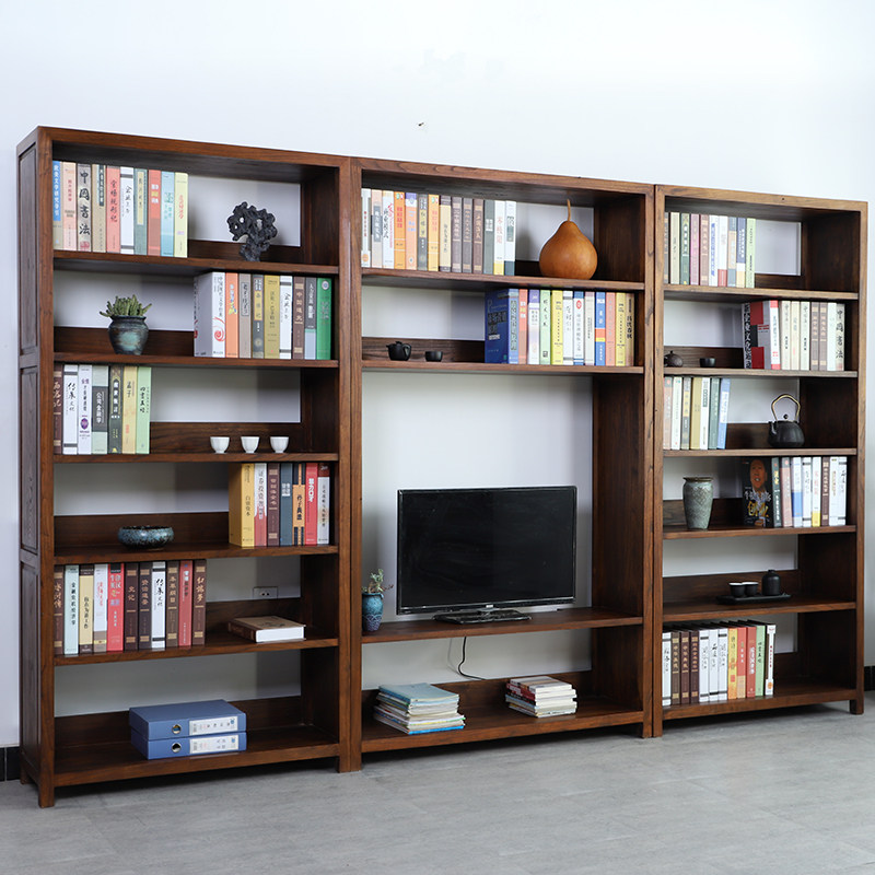 实木多功能客厅背景中式电视柜组合书架原木榆木电视柜