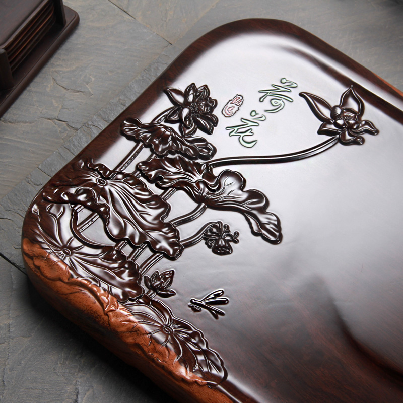 荷趣荷花荷叶茶盘实木大号整体平板家用办公室茶盘