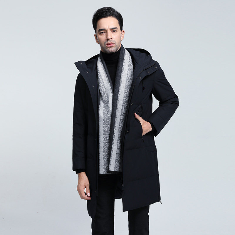 顺美男装蓝色防寒保暖休闲连帽修身中长款白羽绒服