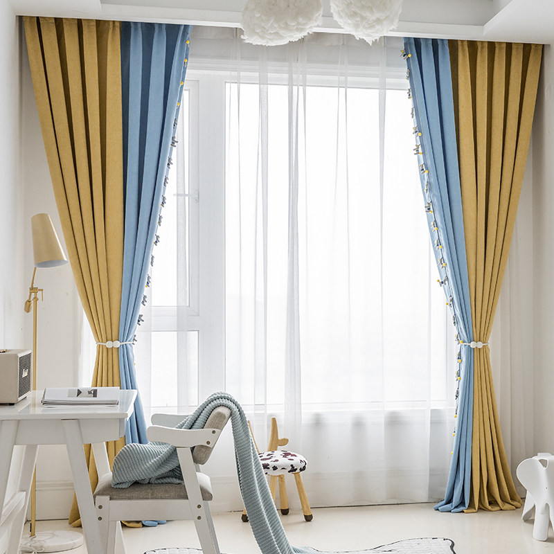韩式卡通蓝黄拼接成品儿童定制羊绒遮光男孩女孩定制窗帘