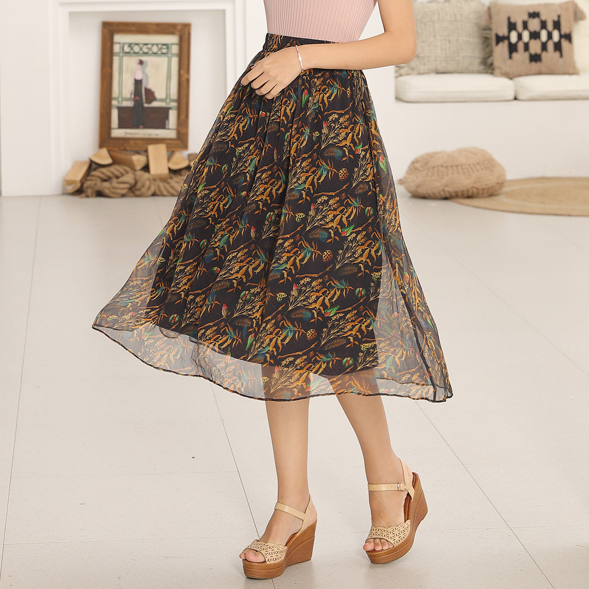 真丝半身裙长款夏季新品桑蚕丝碎花半裙小众a字纱裙女半身长裙子