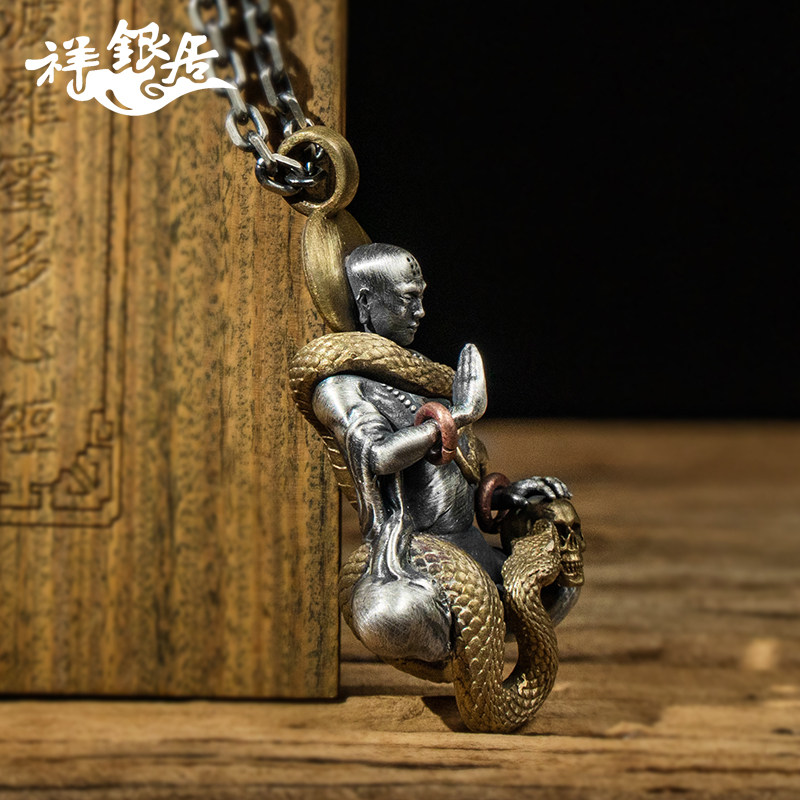 祥银居个性复古银饰s999足银镶嵌禅心蛇佛男款项坠