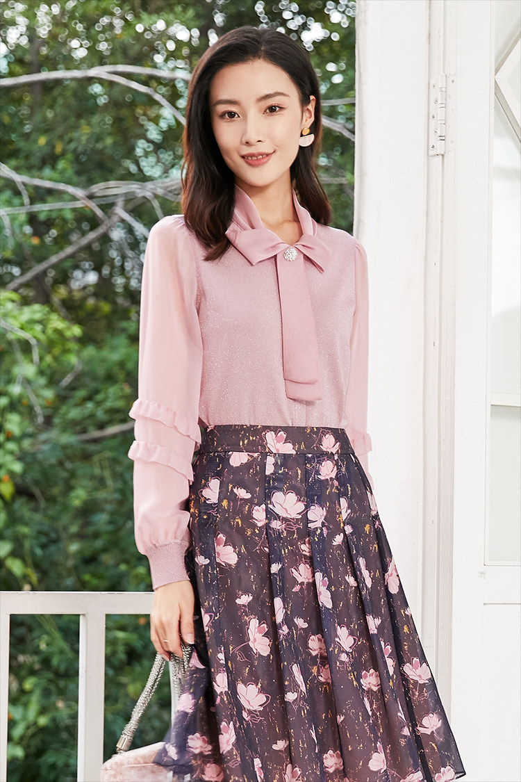 女装2021新款珂莱蒂尔国内代购蝴蝶结雪纺拼接针织衫毛针织衫