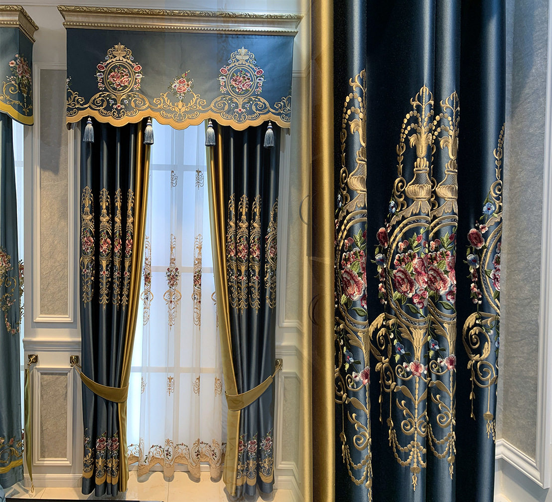 欧式高档客厅窗帘奢华真丝棉布蓝色拼接豪华定制窗帘