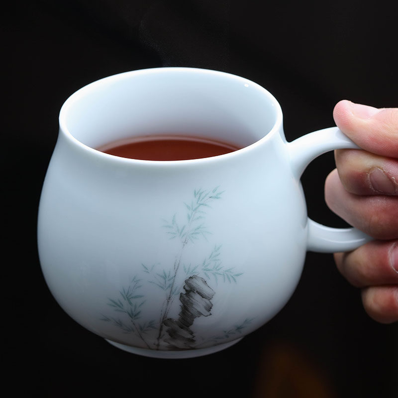 玉蝶陶瓷带盖过滤杯景德镇办公室泡茶杯个人水杯家用喝茶杯子简约