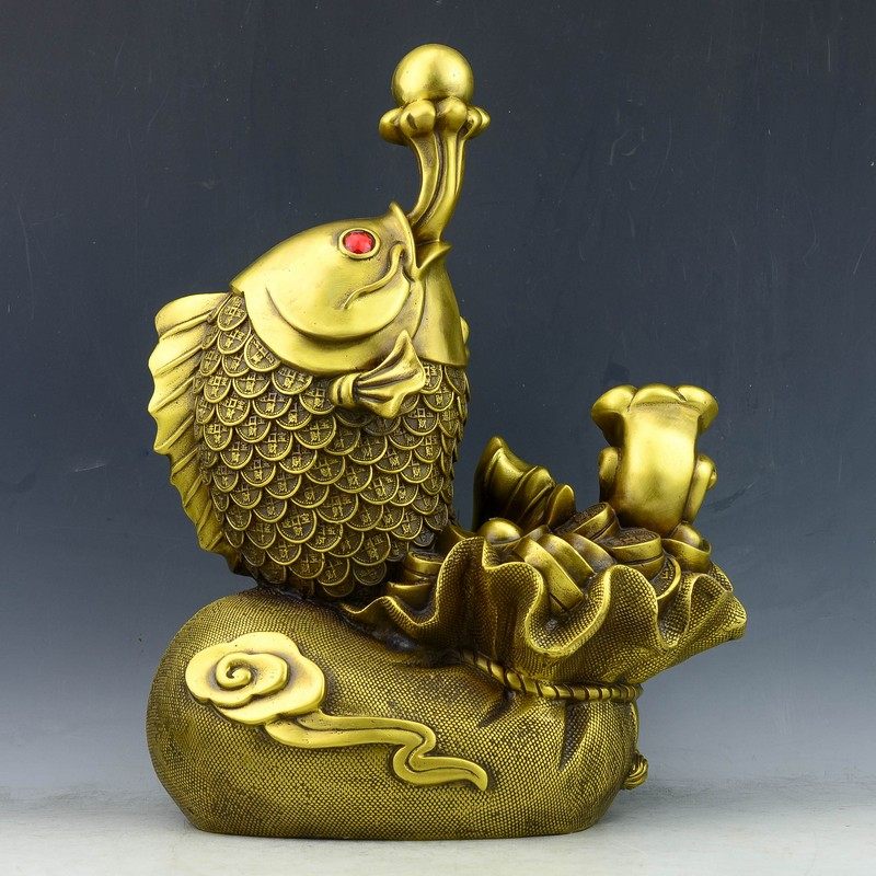 精品精工纯铜福袋聚财金钱浪花鱼戏珠鱼如意摆件