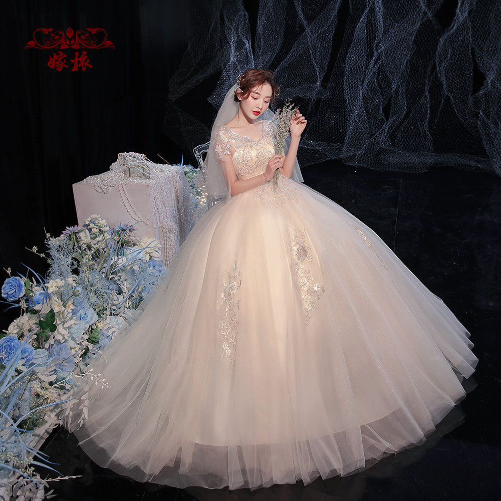 香槟色婚纱2021新款森系法式轻纱高腰显瘦遮孕婚纱