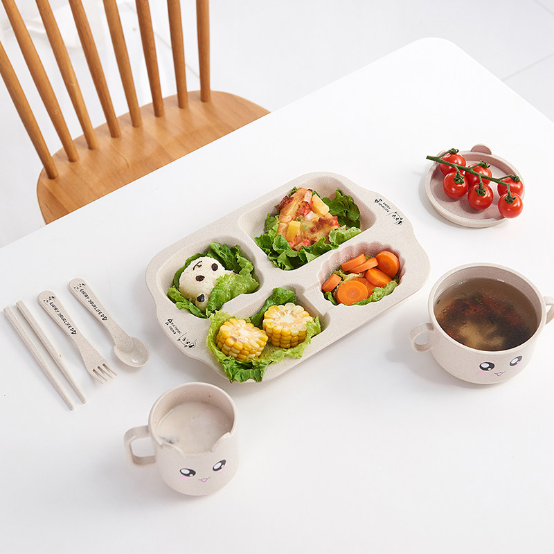 创意卡通儿童餐盘7件套装 防摔家用环保麦秆幼稚园分格快餐盘餐具