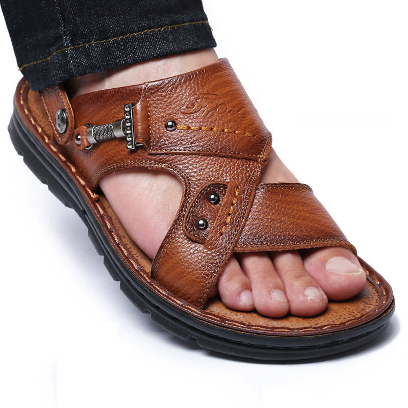 正品网红同款春季老人头凉鞋男夏季新款男士皮凉鞋休闲男鞋真皮沙