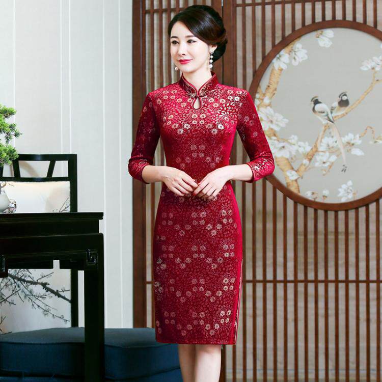 中老年女装丝绒旗袍优雅气质新式妈妈装老上海连衣裙