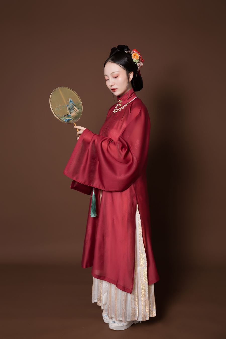 相思思锦满江红国庆竖领对襟长衫直袖肩织金一汉服