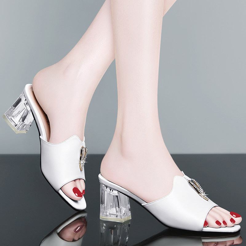 真皮女士拖鞋女夏外穿2019新款粗跟时尚个性室外出凉拖女鞋子中跟