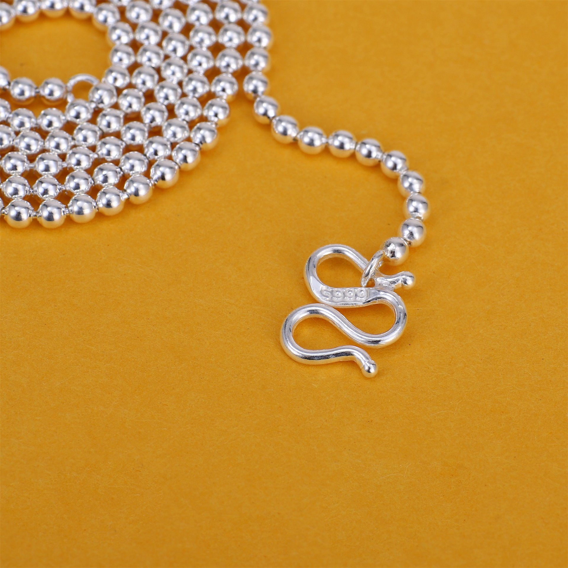 正品s990纯银项链女细款银珠圆珠毛衣链男士白银佛珠链宝宝银链子_双