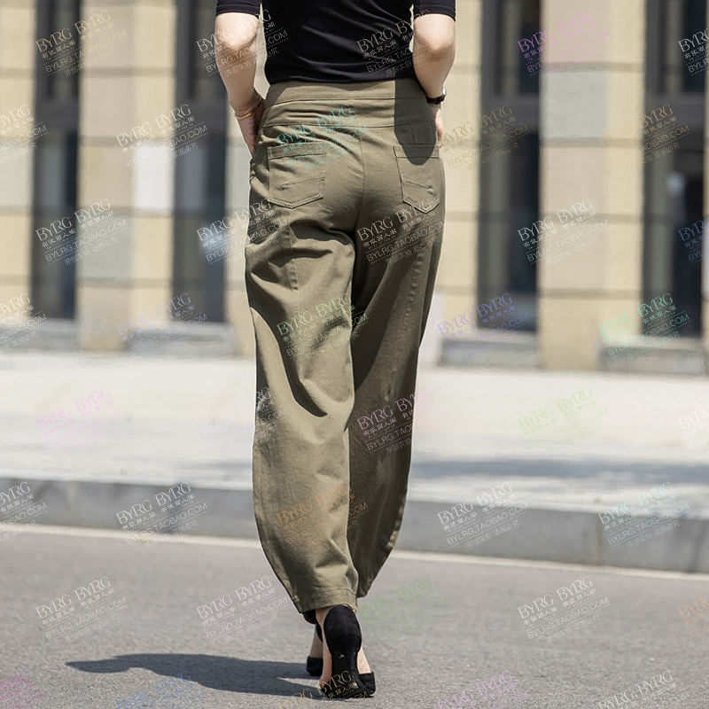 2022年新款棉布依丽人阁灯笼裤女休闲宽松长腿裤子高腰文艺军绿色