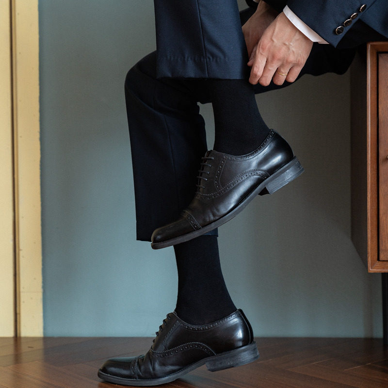 男士正装西装袜子男夏季薄西裤长袜商务高腰皮鞋西服中筒黑色长款