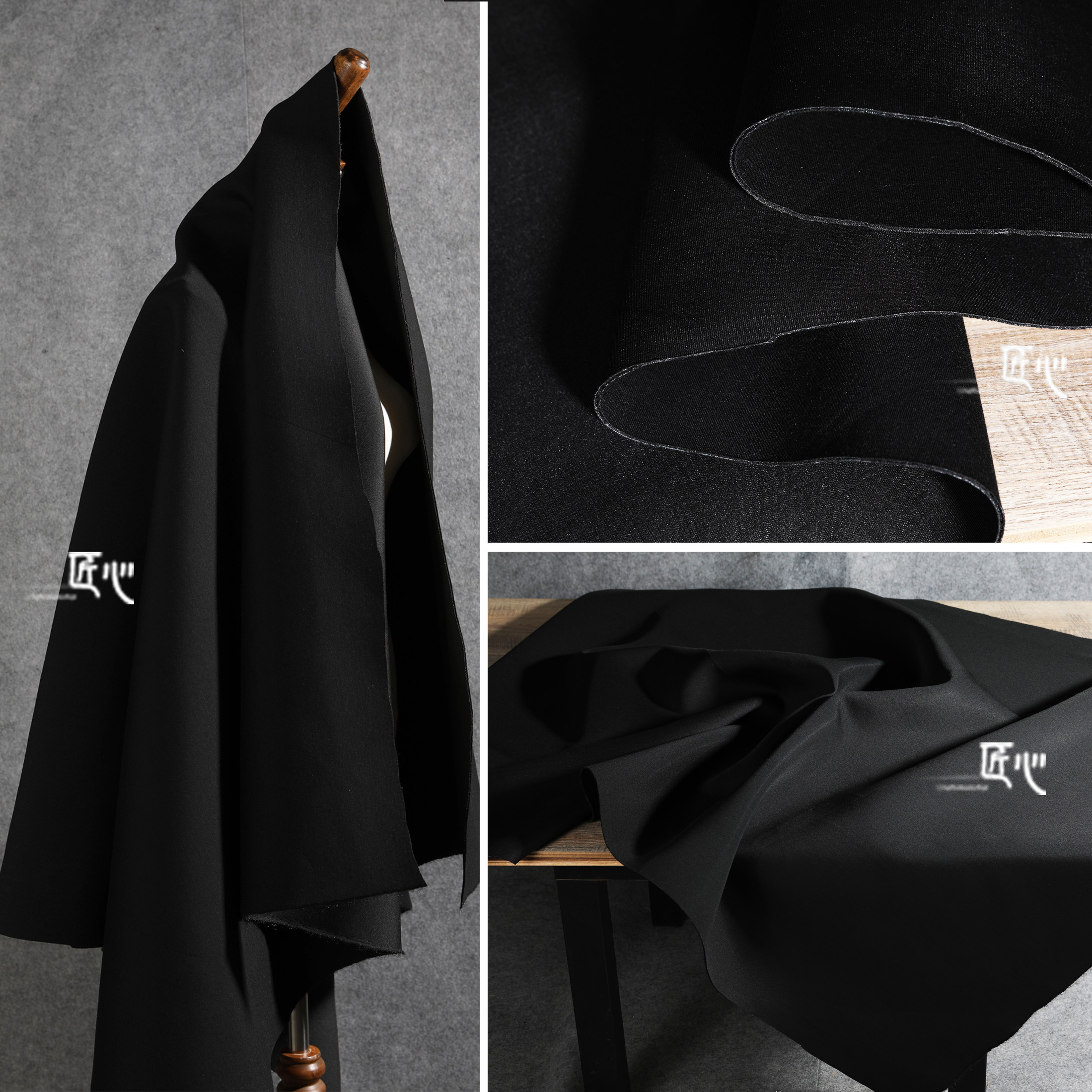 空气层/加厚太空棉 纯黑色实心挺阔造型四面弹服装设计师布料