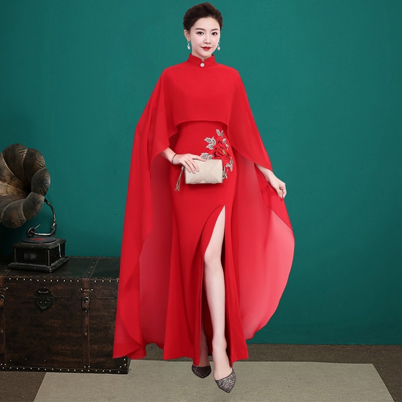 新式优雅少女长款披风旗袍年轻款中国风主持旗袍