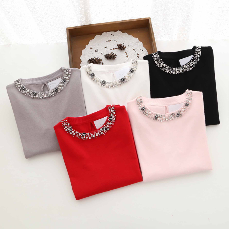 钉珠套头长袖宽松秋冬黑色显瘦内搭白色上衣打底针织衫薄款毛衣女