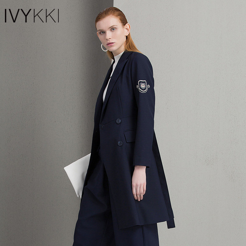 ivykki艾维春款女装西装外套女中中长休闲腰带西装