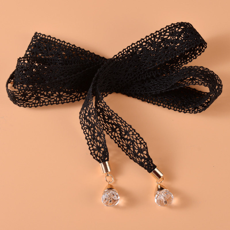 甜美优雅女士蕾丝打结腰带 配裙子水晶装饰细腰链 蝴蝶结窄款裙带