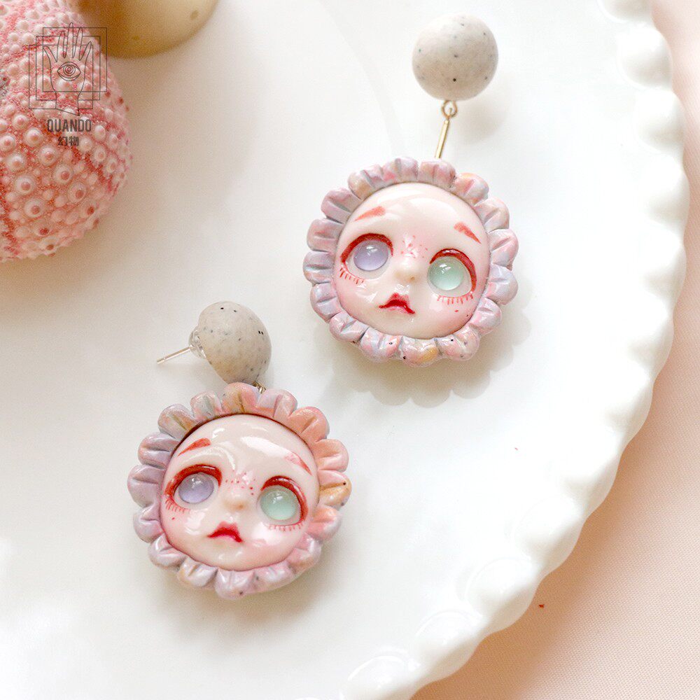 quando幻物设计制作马卡龙色系个性娃娃葵软陶不对称耳钉送女友