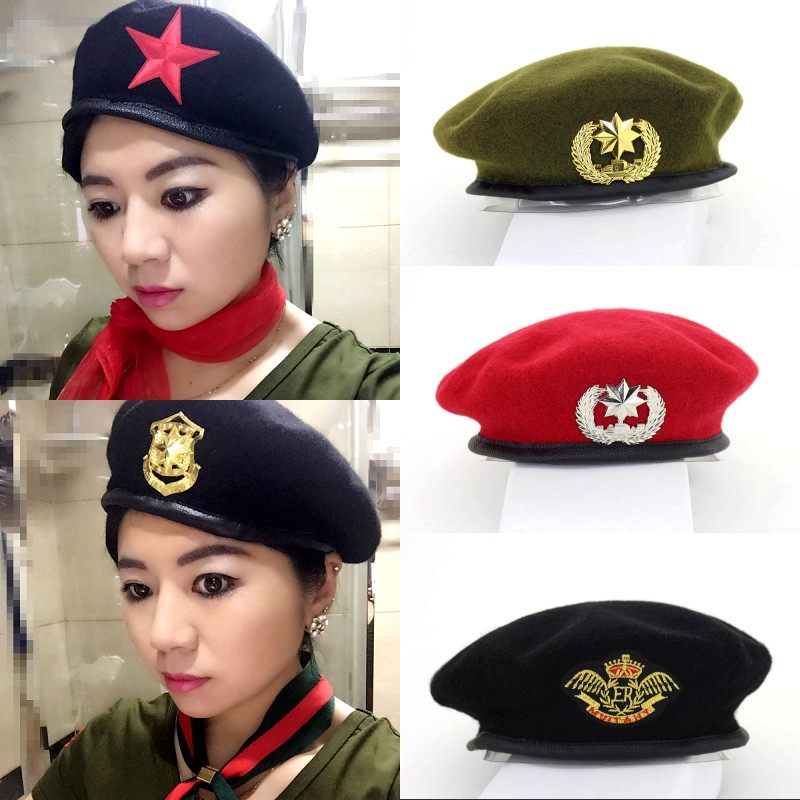 新款贝雷帽毛呢军帽特种兵秋冬水兵舞帽子女徽章帽子
