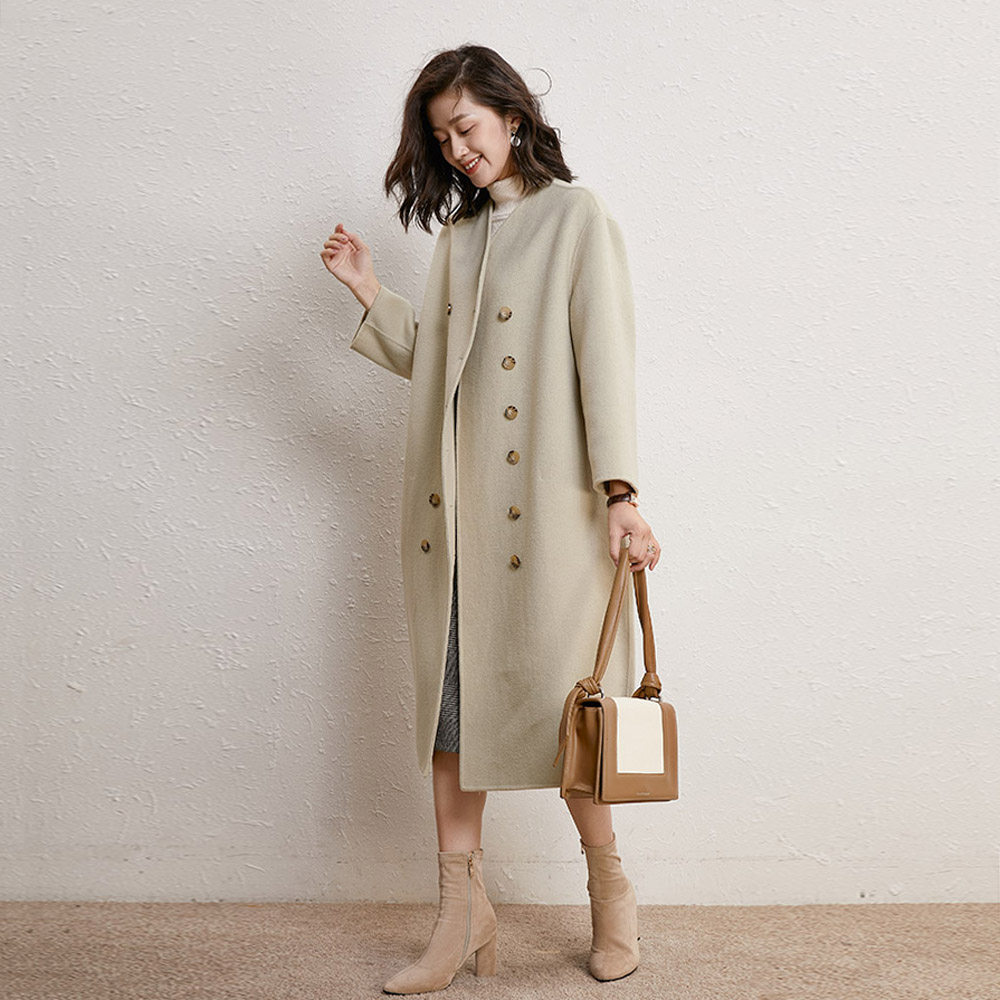 红色过年羊绒大衣女中中长款茧型双排无领简约毛呢外套