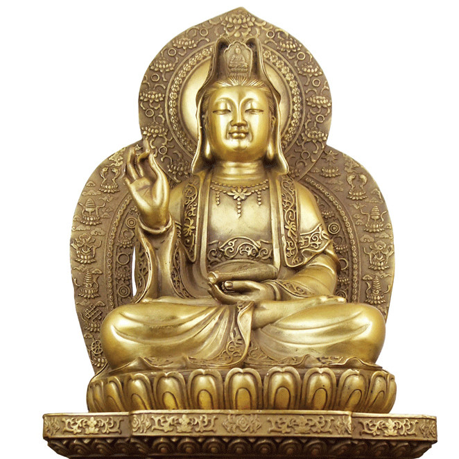 祥狮纯铜观音像观世音菩萨佛像摆件背光观音法相摆件