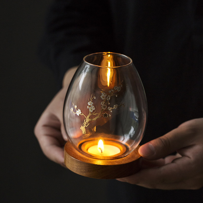 云窝玻璃烛台摆件蜡烛浪漫家用禅意复古香薰防风台罩茶道浪漫茶室