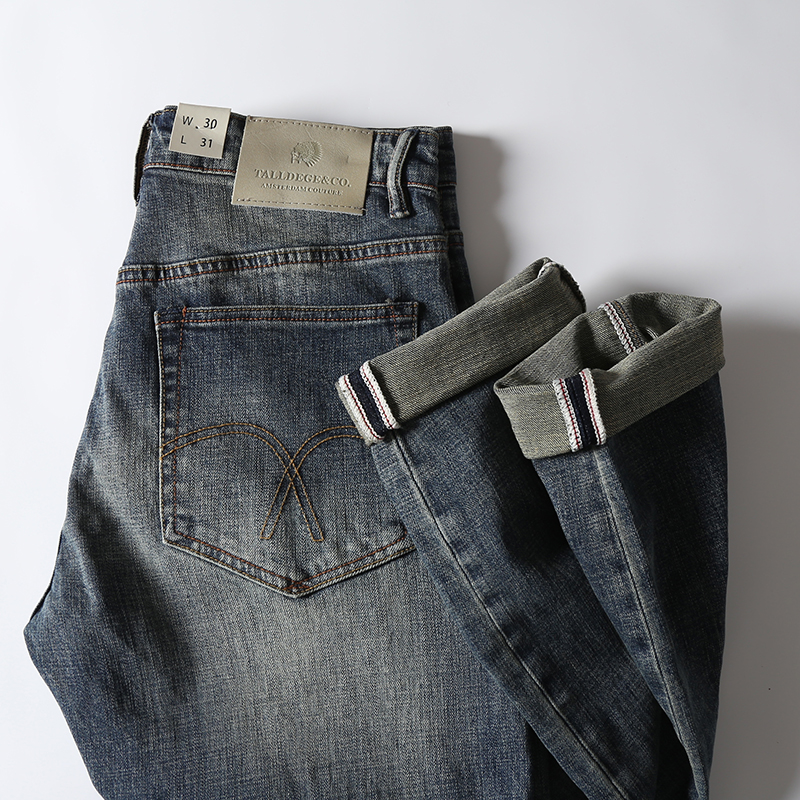 新款弹力修身牛仔裤宽松直筒砂洗做旧男士秋季重磅美式休闲长裤子