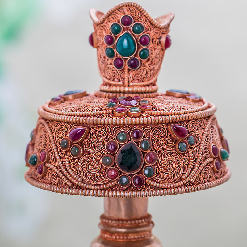 尼泊尔纯铜掐丝贲巴壶手工文巴壶净水水瓶供佛镶宝石藏族贲巴壶