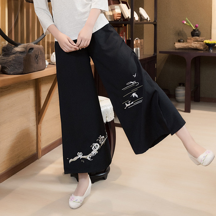 中国风刺绣麻料裤子女气质休闲棉麻九分裤文艺亚麻长裤古风阔腿裤