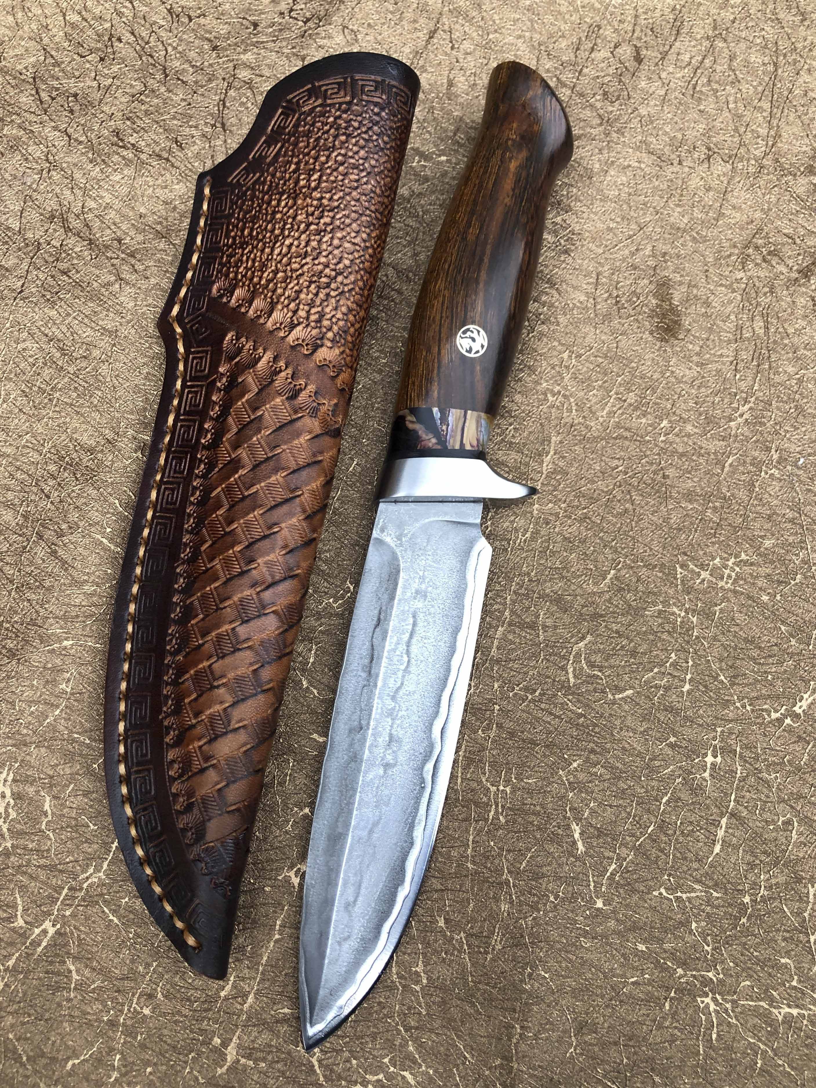 荒野求生防身户外小直刀手工锻打大马士革钢刀花纹钢军士收藏刀具