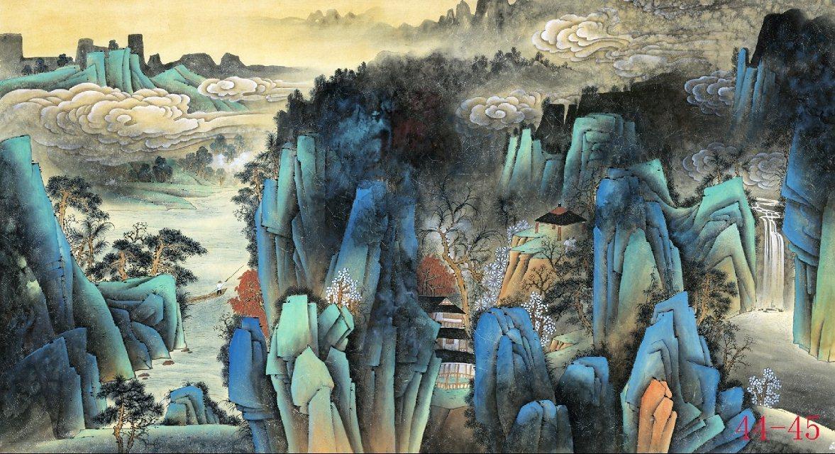 国画仿古青绿山水画横版客厅玄关办公室酒店茶楼国画