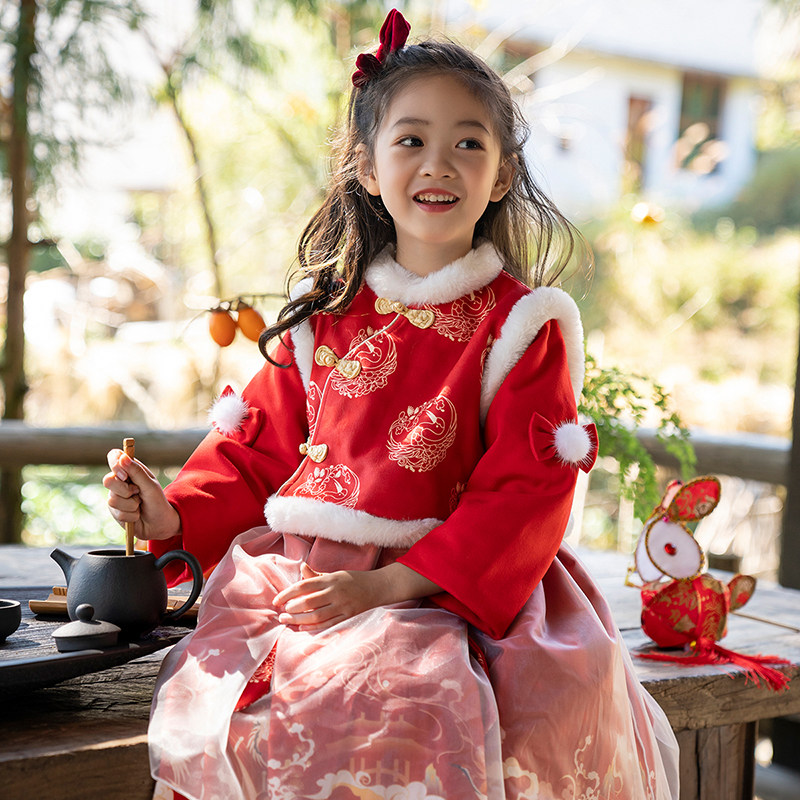 女童汉服冬装加厚小女孩新年装女宝宝过年衣服喜庆拜年服儿童唐装