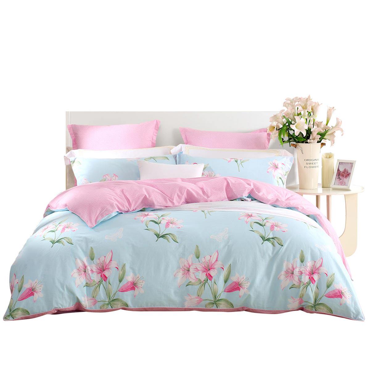 水星家纺全棉四件套小清新花卉1.5米纯棉被套床单1.8m床晨香百合