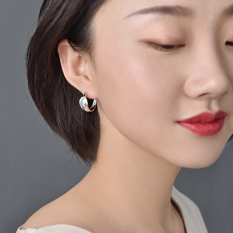 纯银耳环足银气质叶子复古耳圈中老年妈妈耳饰耳环