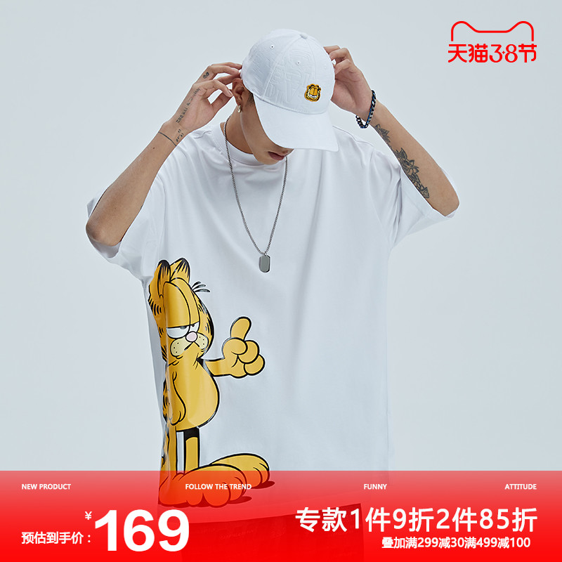 Fun潮牌夏季体恤加菲猫短袖新品卡通印花图案bf风潮流情侣t恤男女