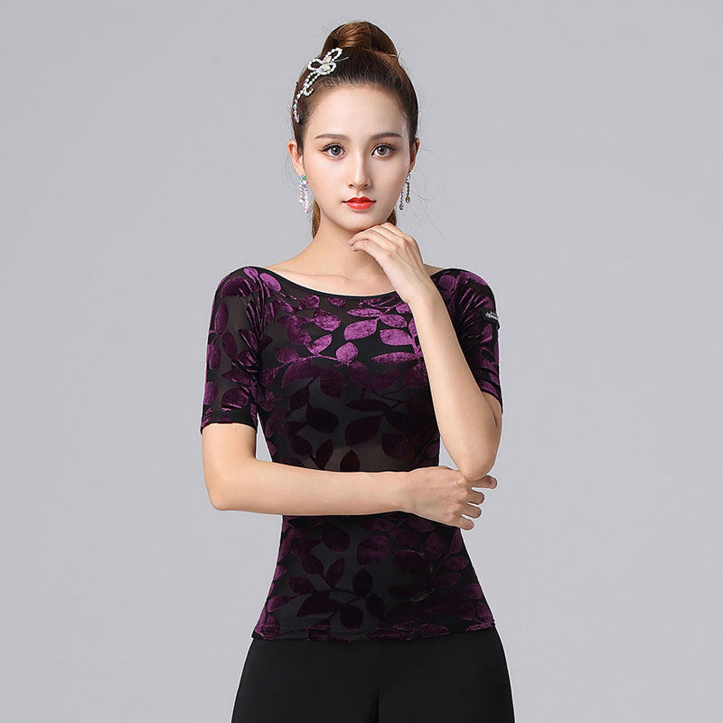 丹宝罗拉丁舞上衣交谊舞摩登女装烧花绿色弹力修身拉丁舞上装