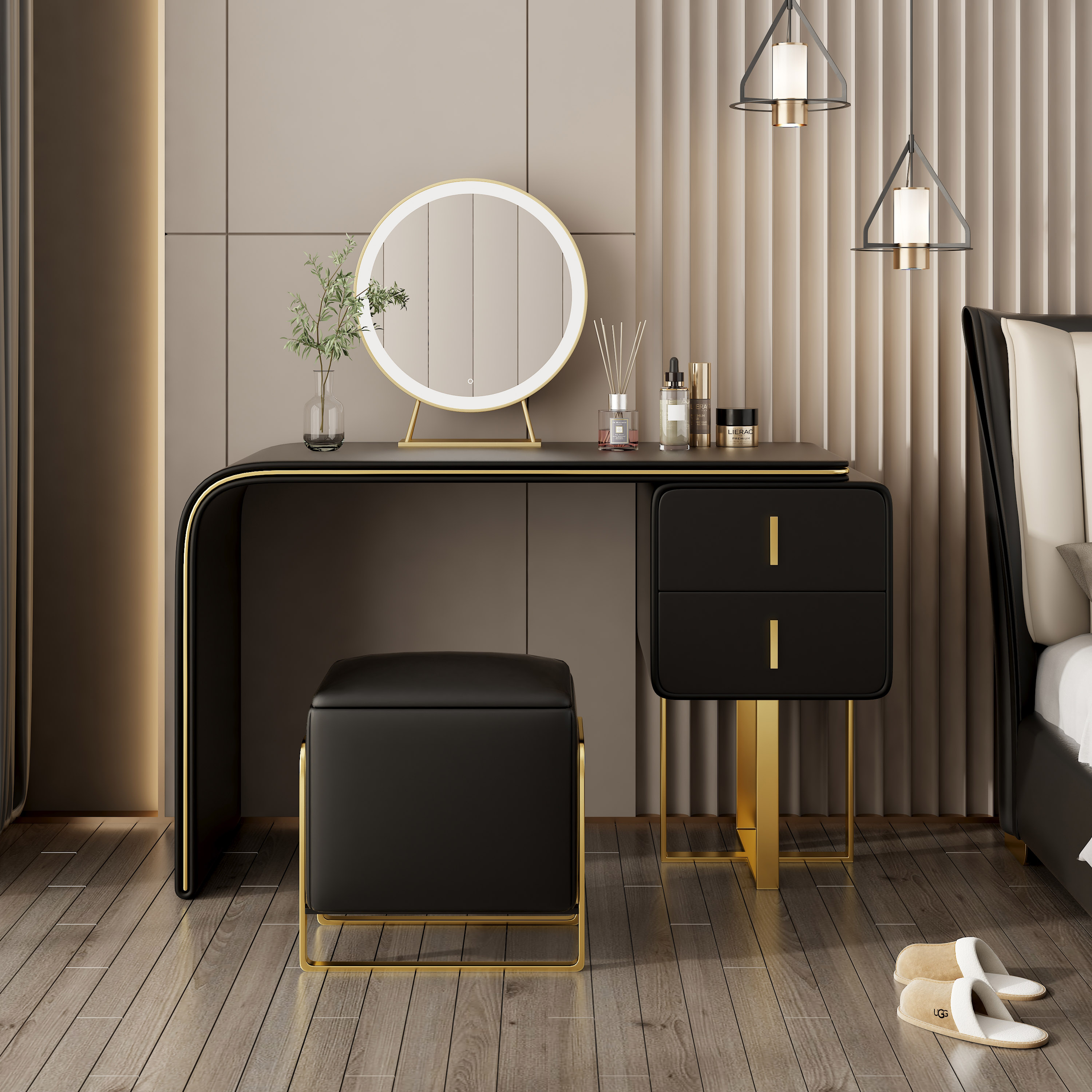 轻奢奢风意式梳妆台小户户型卧室化妆台收纳一体梳妆台