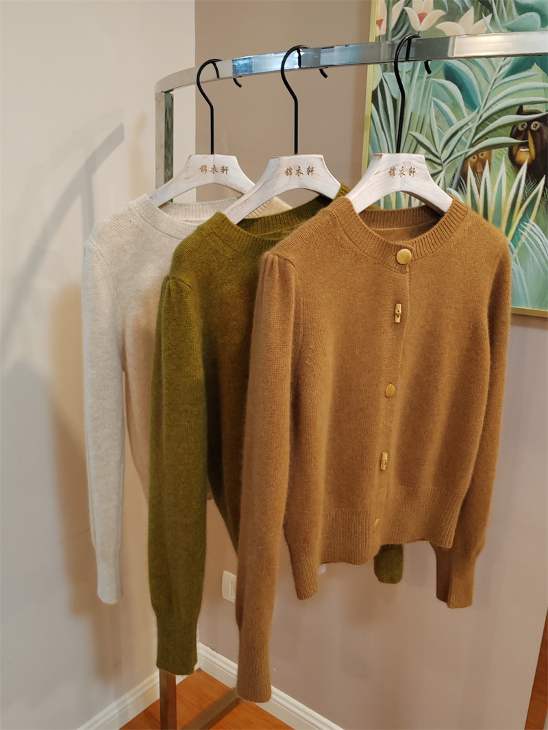 韩国女装圆领纯色毛衣开衫针织浣熊设计师品木毛针织衫