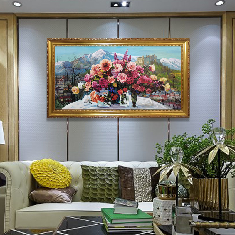 油画挂画花卉卧室美式欧式美欧式手绘玫瑰国度横幅油画