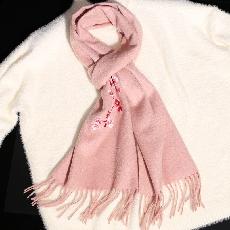 苏绣羊绒围巾女式冬季纯手工双面绣刺绣粉色送女友母亲秋冬天围脖