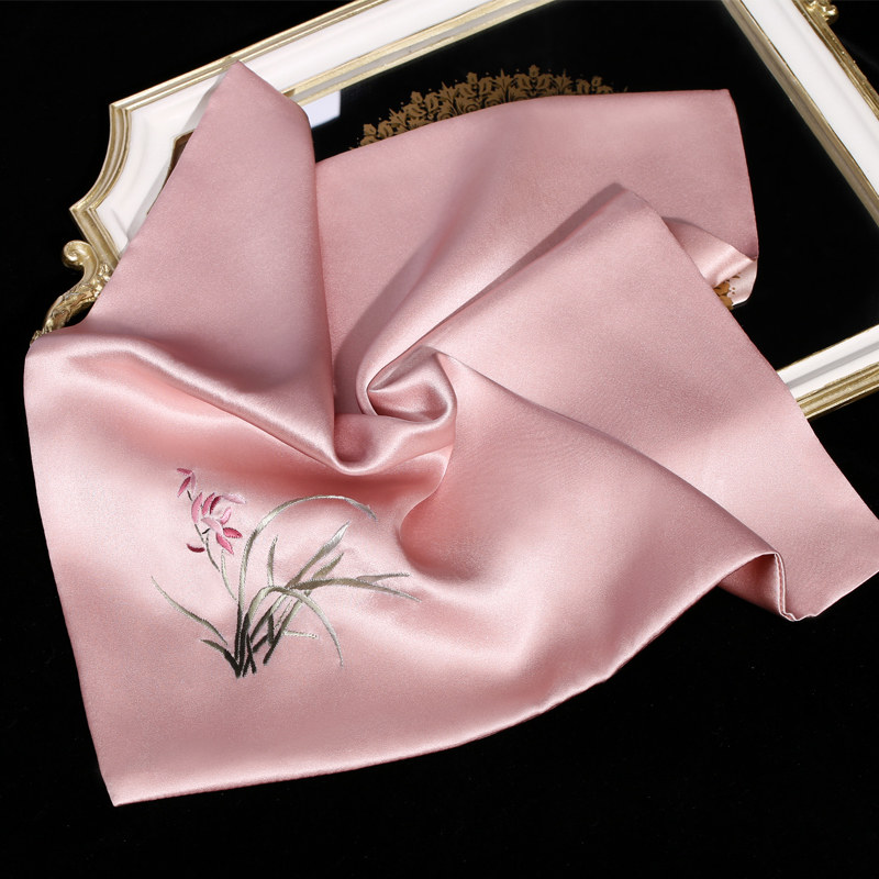 苏绣真丝手工刺绣手帕双层桑蚕蚕丝兰花草绣花手帕