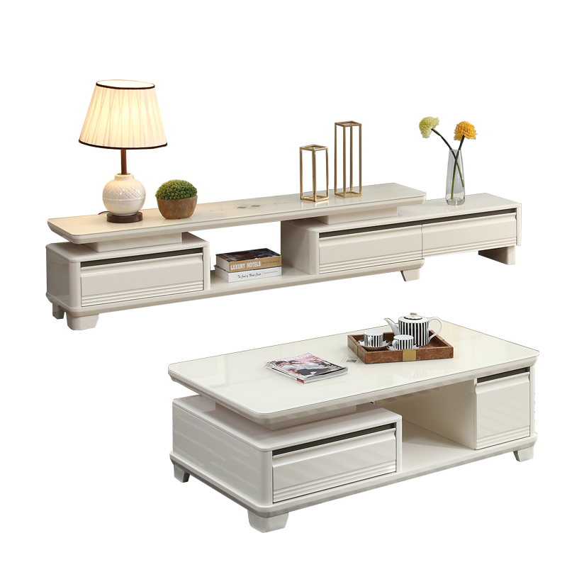 掌上明珠可伸缩电视柜简约客厅钢化玻璃台面茶几三抽屉电视柜组合