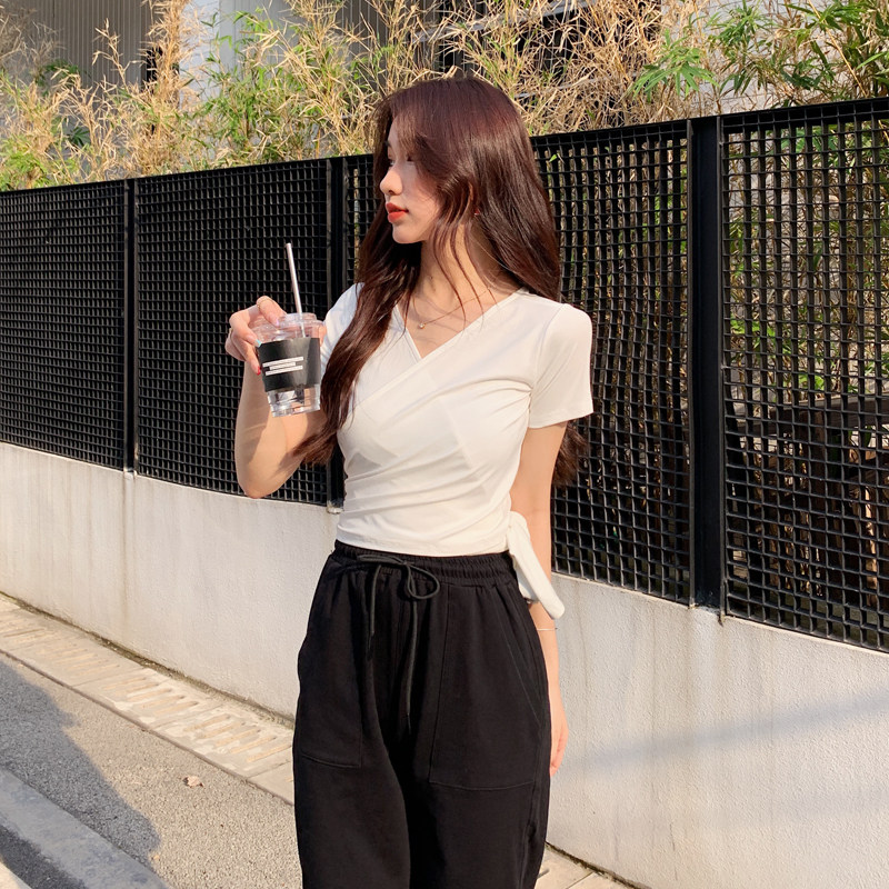 2020夏新款v领前后两穿短袖t恤女绑带交叉修身显瘦短款小性感上衣